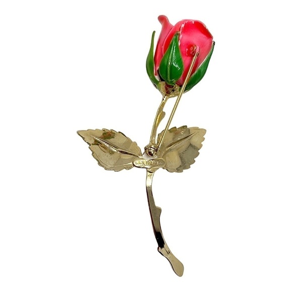 Two Vintage Giovanni Roses Pink & Green Enamel And Gold Tone Brooches Pins - Picture 3 of 7